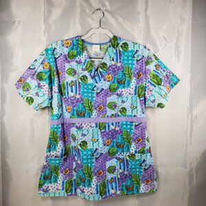 White Swan V-Neck Scrub Top w Tieback Dragonfly and Butterflies 2 Pckts Wmn Sz M